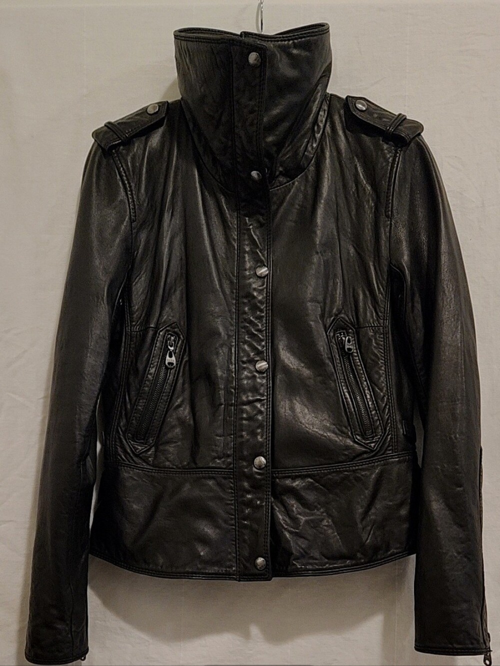 Andrew Marc Black Leather Motorcycle Jacket with Epaulets